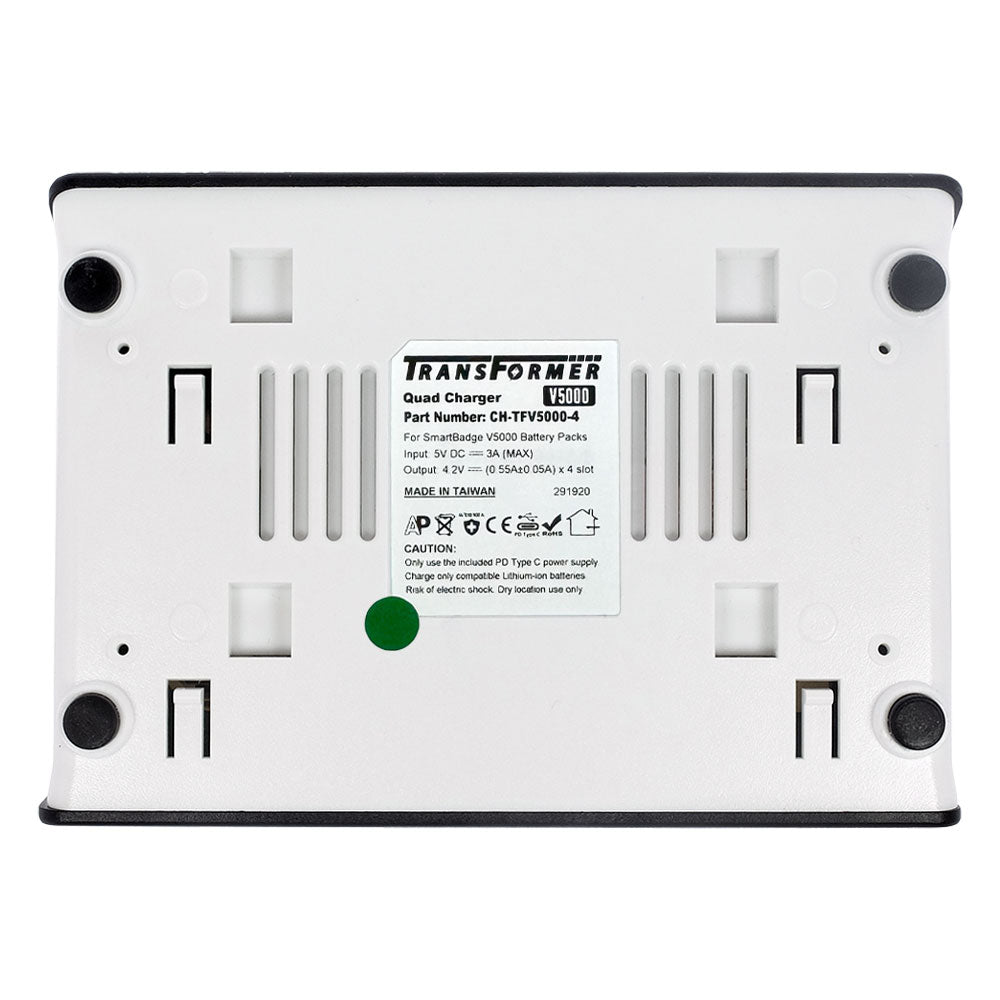 Transformer 4-Bay Battery Charger for Vocera Smartbadge V5000 batteries. Power Supply included